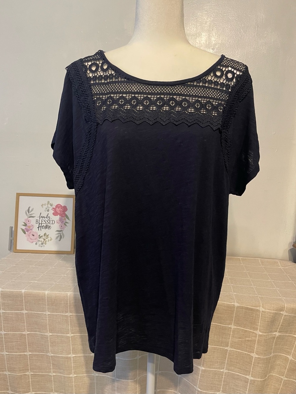 LOFT women’s casual Navy Lace Yoke Short Sleeve Blouse size XL 100% cotton NWT - Picture 5 of 15
